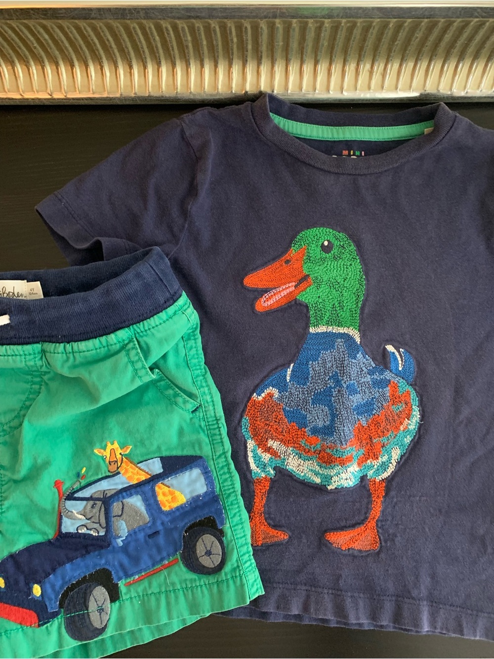 Mini Boden Navy Duck Superstitch and Safari Animal Appliqué Shorts